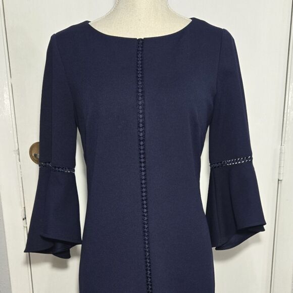 Dress Barn Roz & Ali Crepe Ruffled Bell Sleeve Dress sz 4 Navy Career/Work - Picture 5 of 11